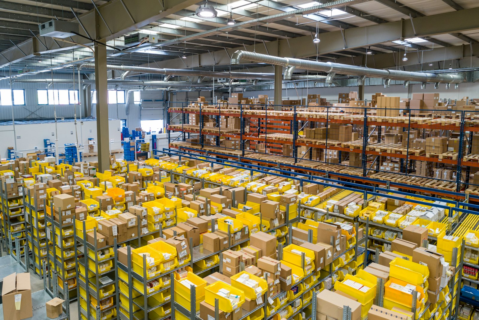 Industrial plastic pallets in a warehouse